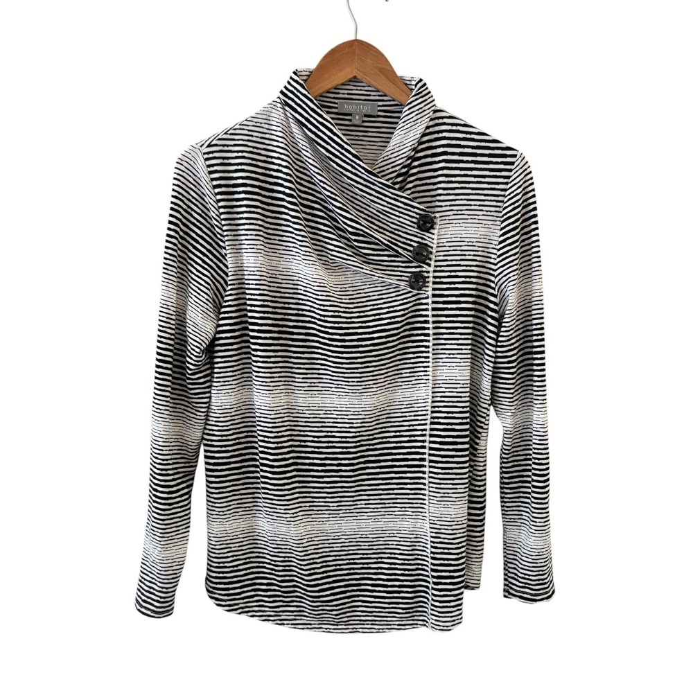 Habitat Striped Mock‎ Neck Tunic Top Womens M Black White Artsy Asymmetric